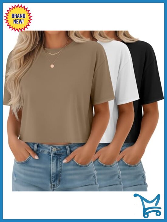 Tops - 3 Pack Women Crop Tops Half Sleeve Crew Neck Drop Shoulder Loose Fit Tees